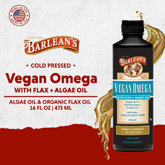 Barlean's Vegan Omega oil over a salad dressing shows versatile meal use.
