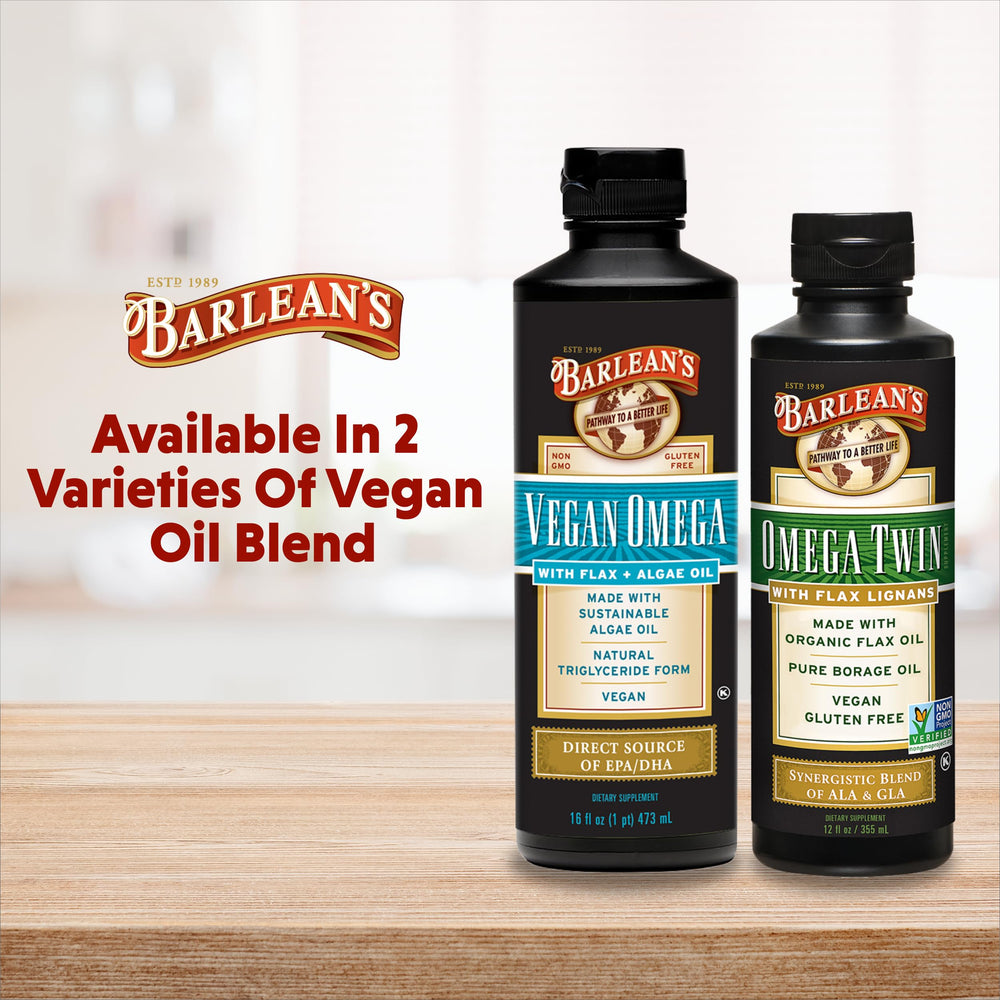 Barlean's Vegan Omega oil in smoothie for an easy daily boost.