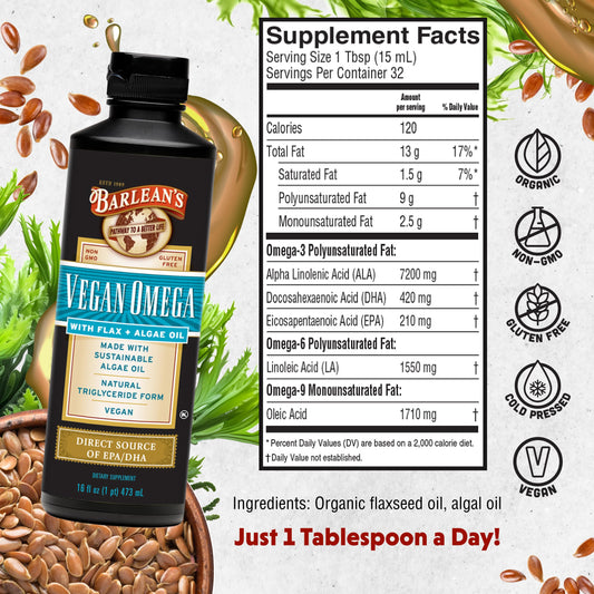 Barlean's Vegan Omega oil pour demonstrates easy dosing for straight use or on salads.