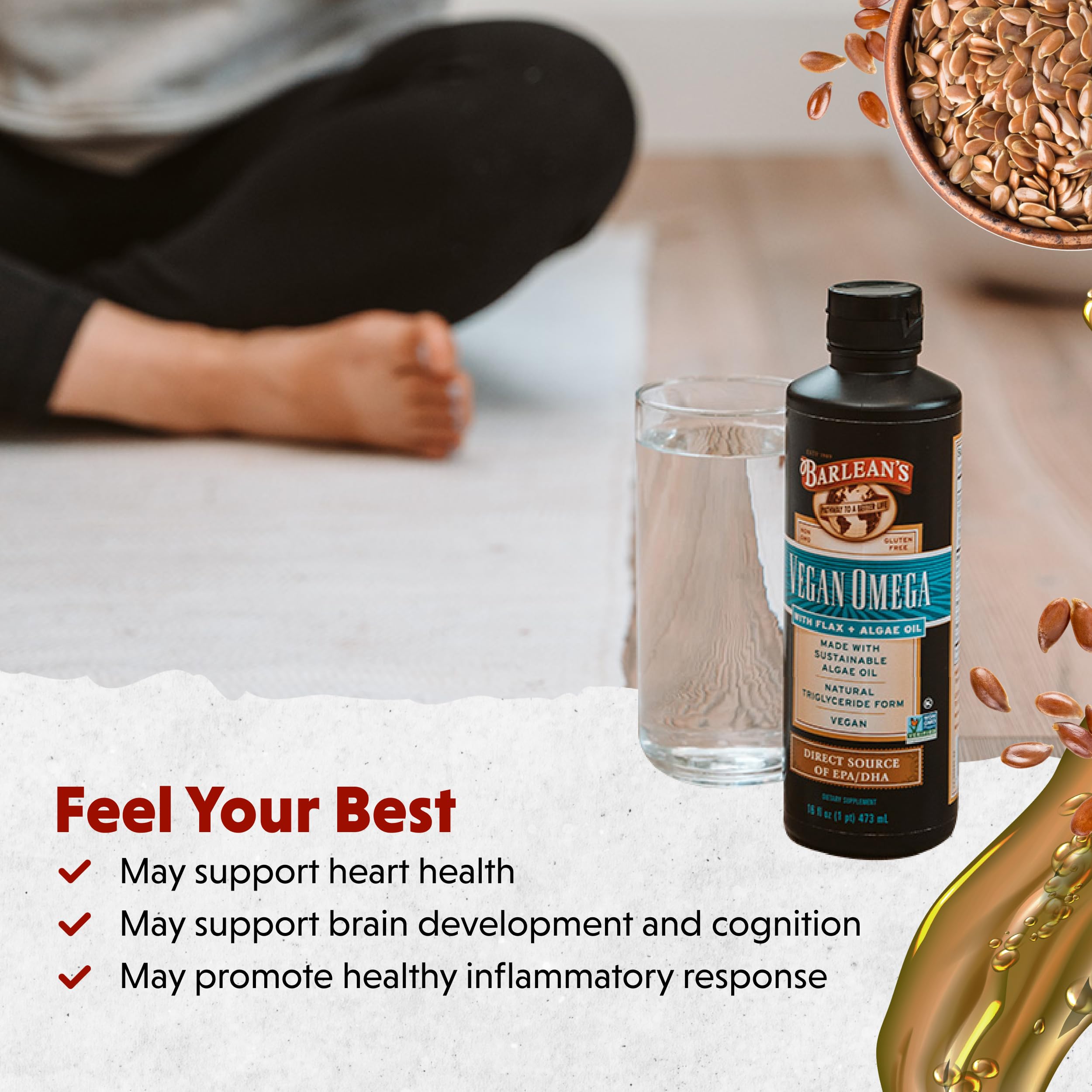 Barlean's Vegan Omega oil with spoon for simple daily serving plan.