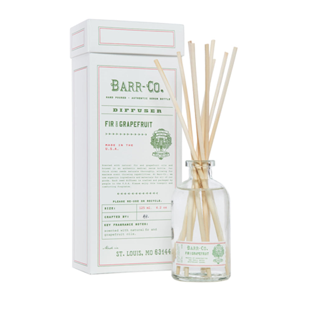 Barr-Co Fir & Grapefruit diffuser bottle showcases premium glass for lasting aroma.