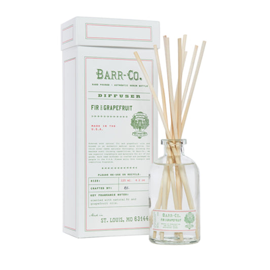 Barr-Co Fir & Grapefruit diffuser bottle showcases premium glass for lasting aroma.