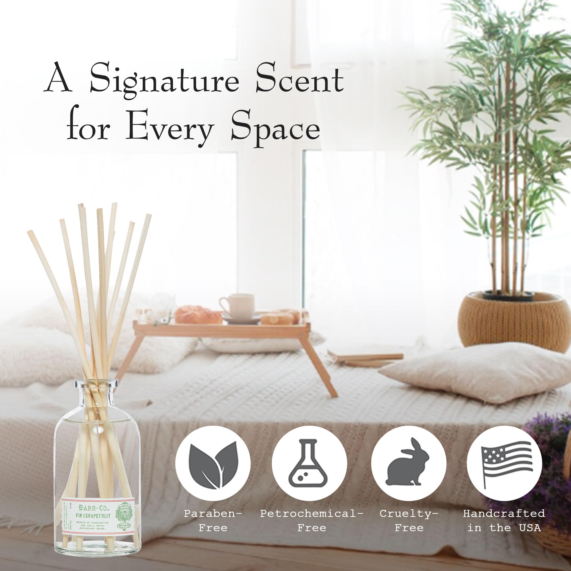 Barr-Co Fir & Grapefruit diffuser reeds saturate for extended aroma diffusion.