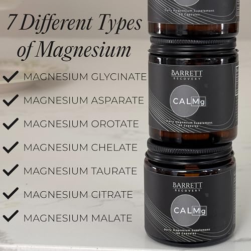 Barrett Recovery CALMg bottle side label highlighting seven magnesium types.