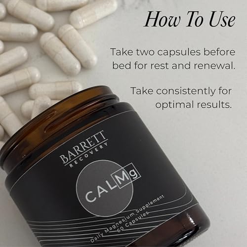 Barrett Recovery CALMg capsules close-up emphasizing simple nightly dosing.