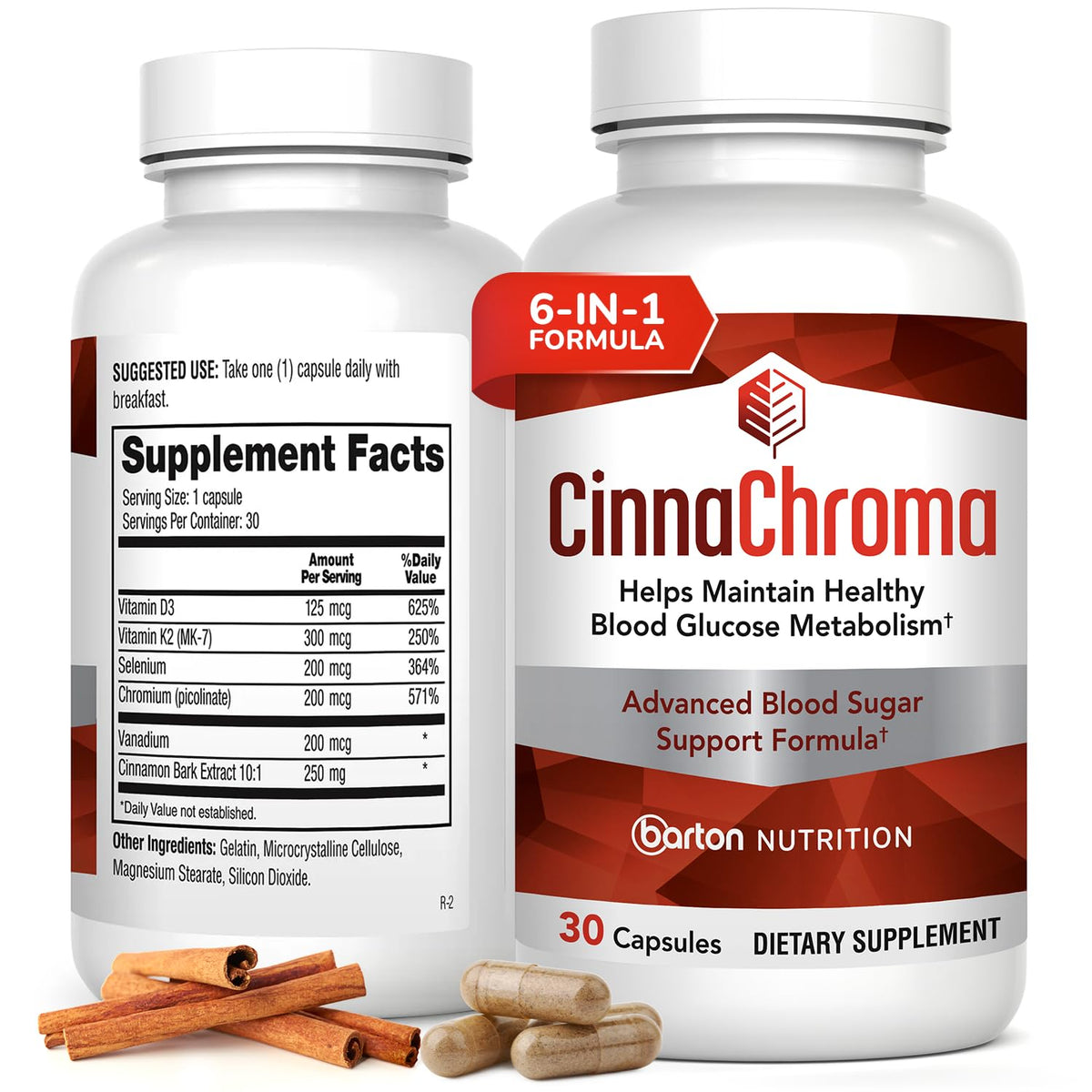 Barton Nutrition CinnaChroma capsules close-up for metabolism support.