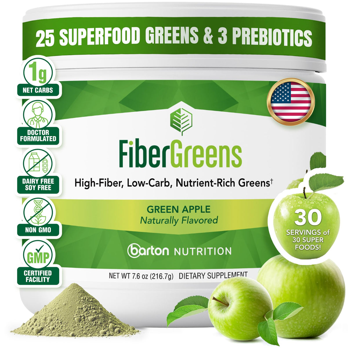 Barton Nutrition Soluble Fiber Greens Powder bottle emphasizes convenient daily digestion support
