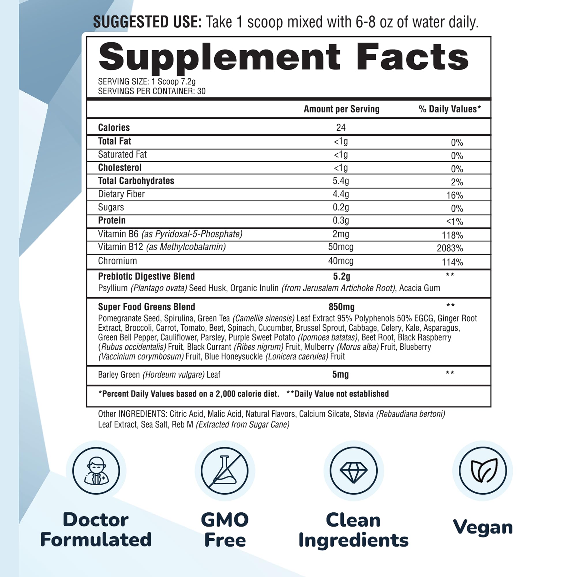Barton Nutrition Soluble Fiber Greens Powder mixed in glass highlights easy mix for smoothies