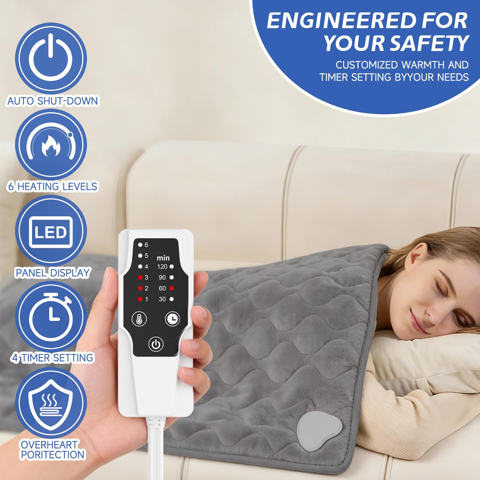 Basanie heating pad display shows six heat levels and four timers