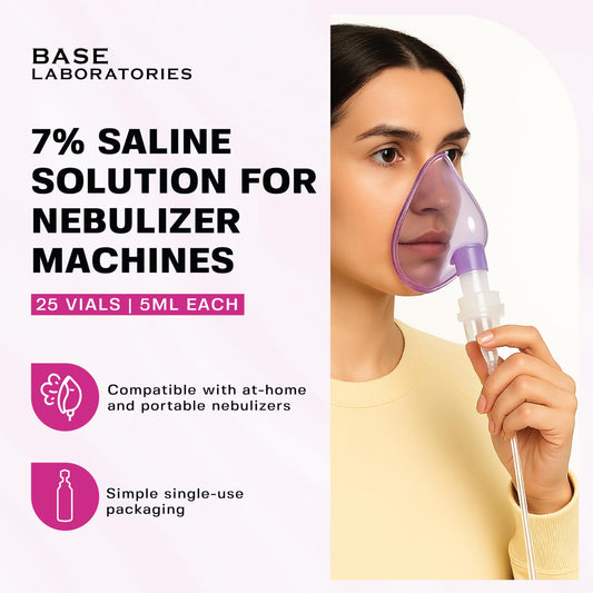 BASE LABORATORIES 7% saline for nasal irrigation bottle with sealed cap.
