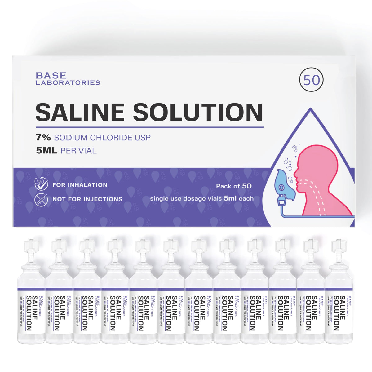 BASE LABORATORIES 7% saline vials for nebulizers support nasal irrigation routines.