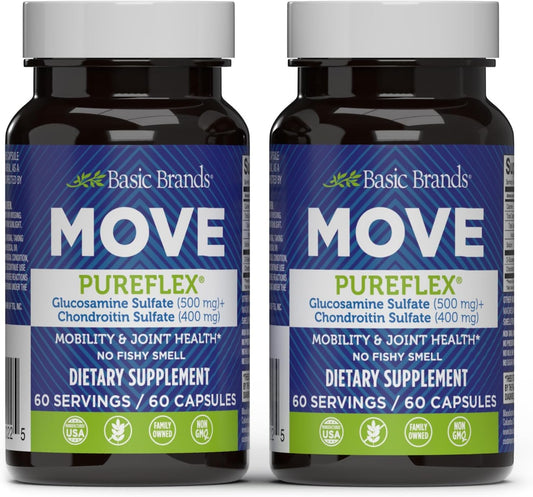Basic Brands Move Pureflex bottle front highlights joint support packaging for daily use.