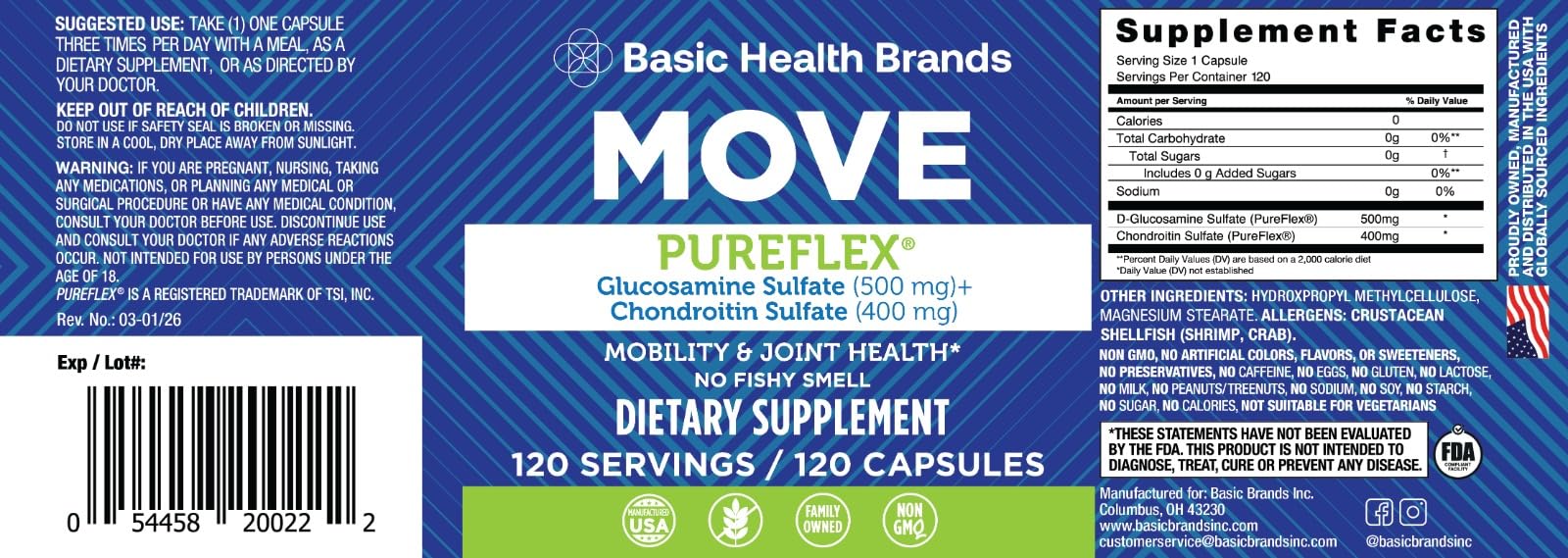Basic Brands Move Pureflex packaging box emphasizing USA-made quality.