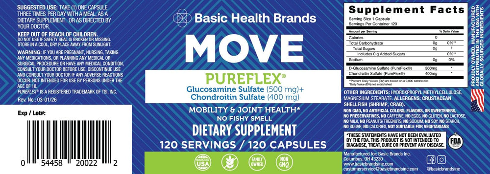 Basic Brands Move Pureflex packaging box emphasizing USA-made quality.