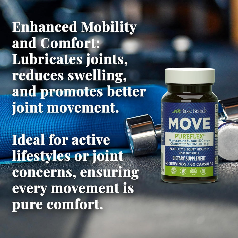 Basic Brands Move Pureflex USA-made label signifies quality and allergen awareness.
