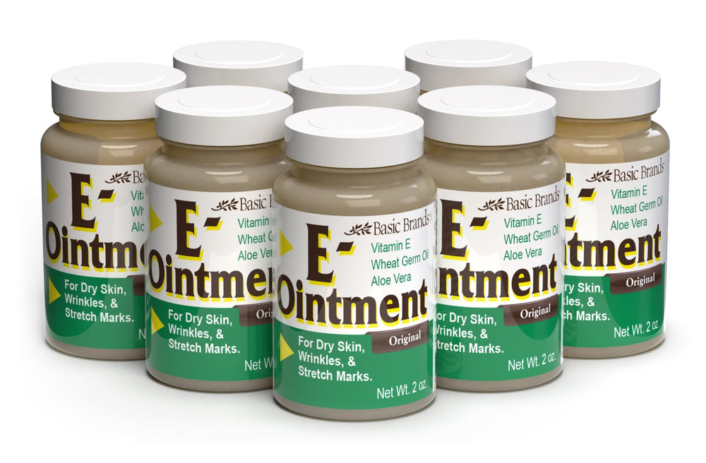 Basic Brands Vitamin E Ointment 2oz original packaging for skin hydration and scar appearance support.