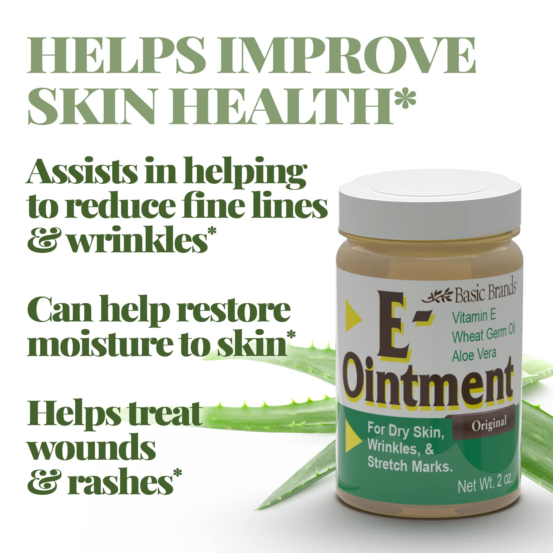 Basic Brands Vitamin E Ointment on hand applying shows non-greasy moisture benefits.