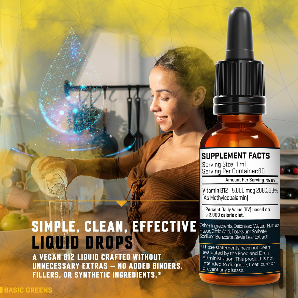 Basic Greens B12 drops under tongue use for quick energy