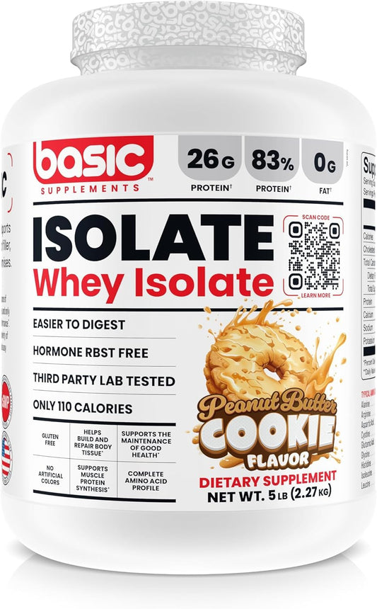 Basic Supplements whey protein isolate bottle showing premium quality and convenient protein source.