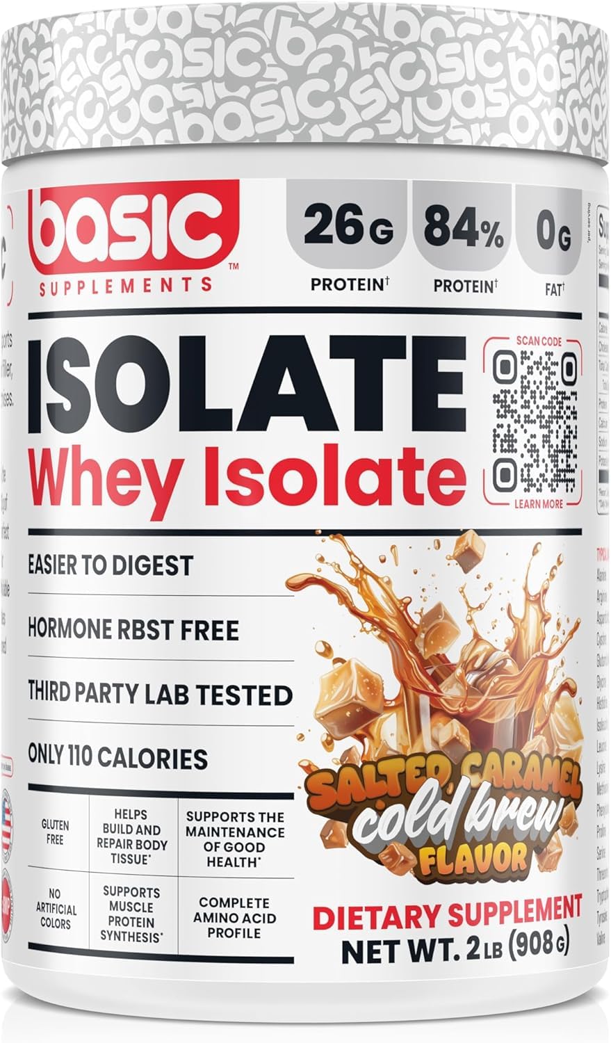 Basic Supplements Basic Whey Protein Isolate bottle highlighting rapid absorption for workouts.