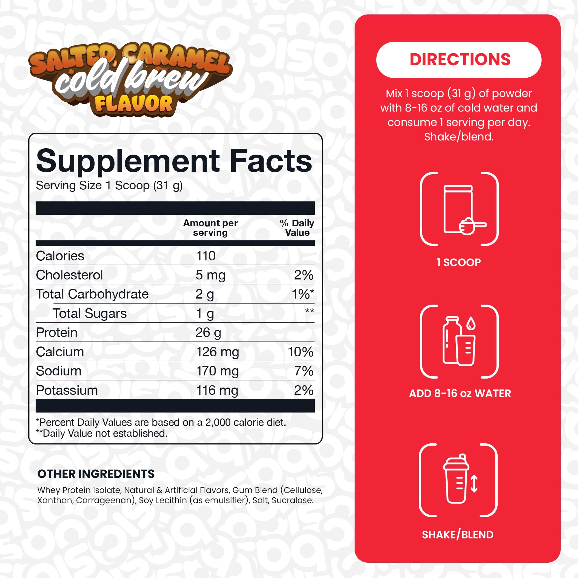 Basic Supplements Whey Protein Isolate nutrition panel highlights low fat and low sugar.