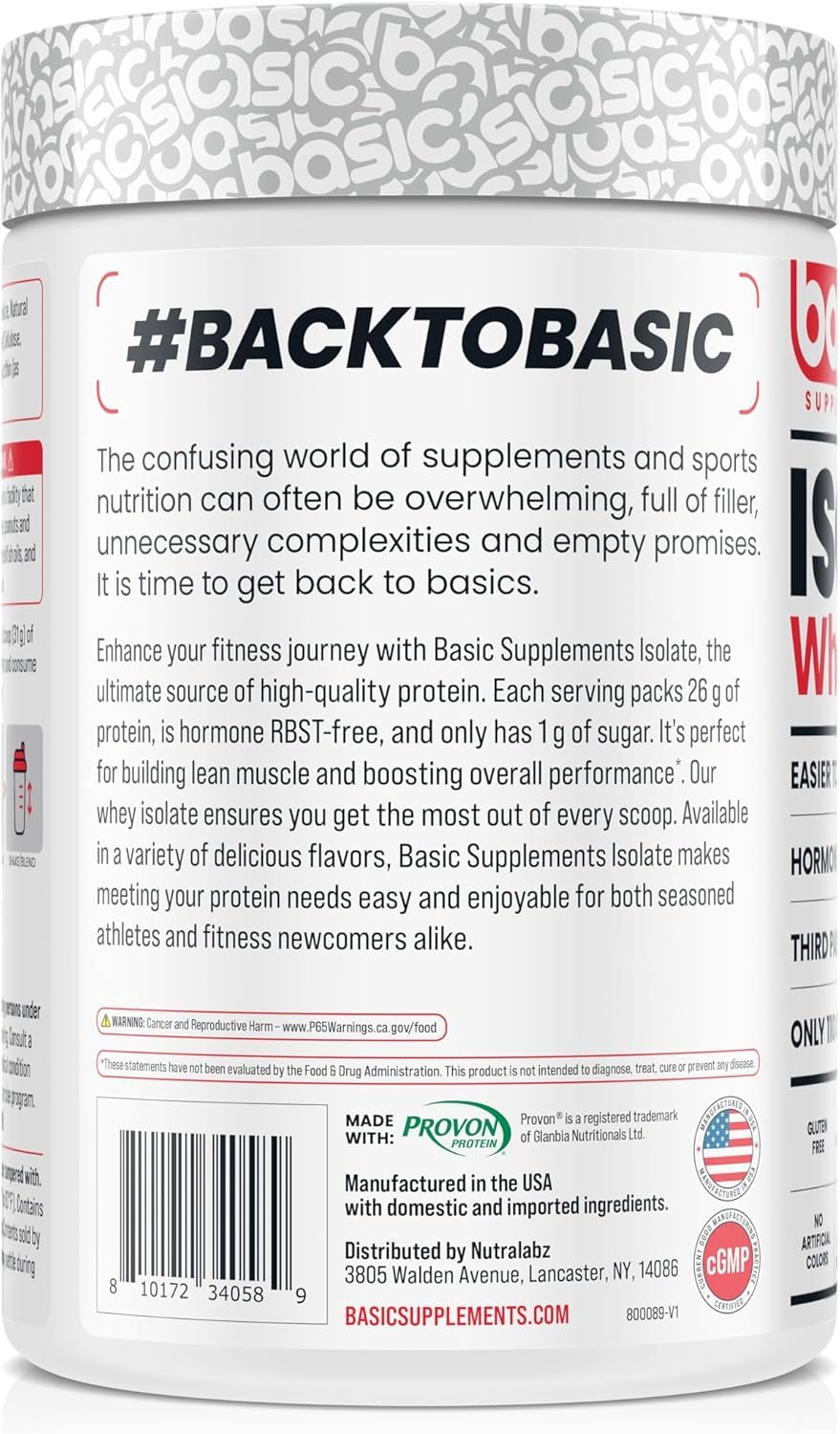 Basic Supplements Whey Protein Isolate pouring image highlights low fat and low sugar benefits