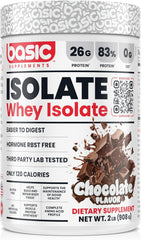 Basic Supplements Basic Whey Protein Isolate bottle pouring to highlight rapid absorption