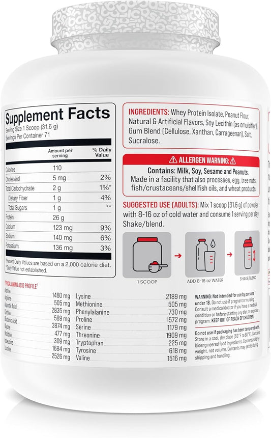 Basic Supplements whey protein isolate scoop highlighting 26g protein per serving.