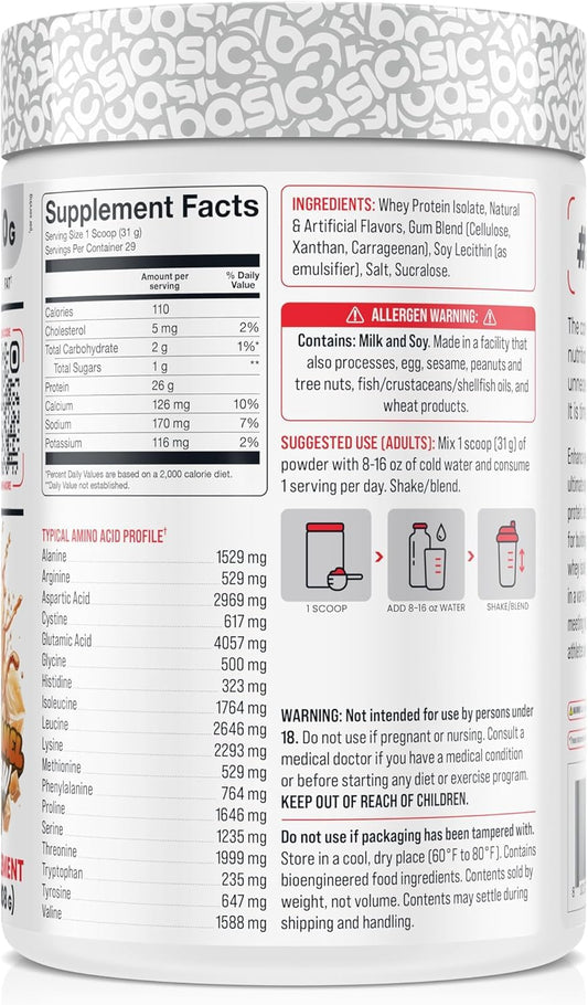 Basic Supplements Whey Protein Isolate scoop showcasing 26g protein per serving.