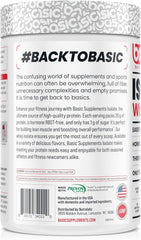 Basic Supplements Whey Protein Isolate tub label showing Gluten-Free and RBST-Free.