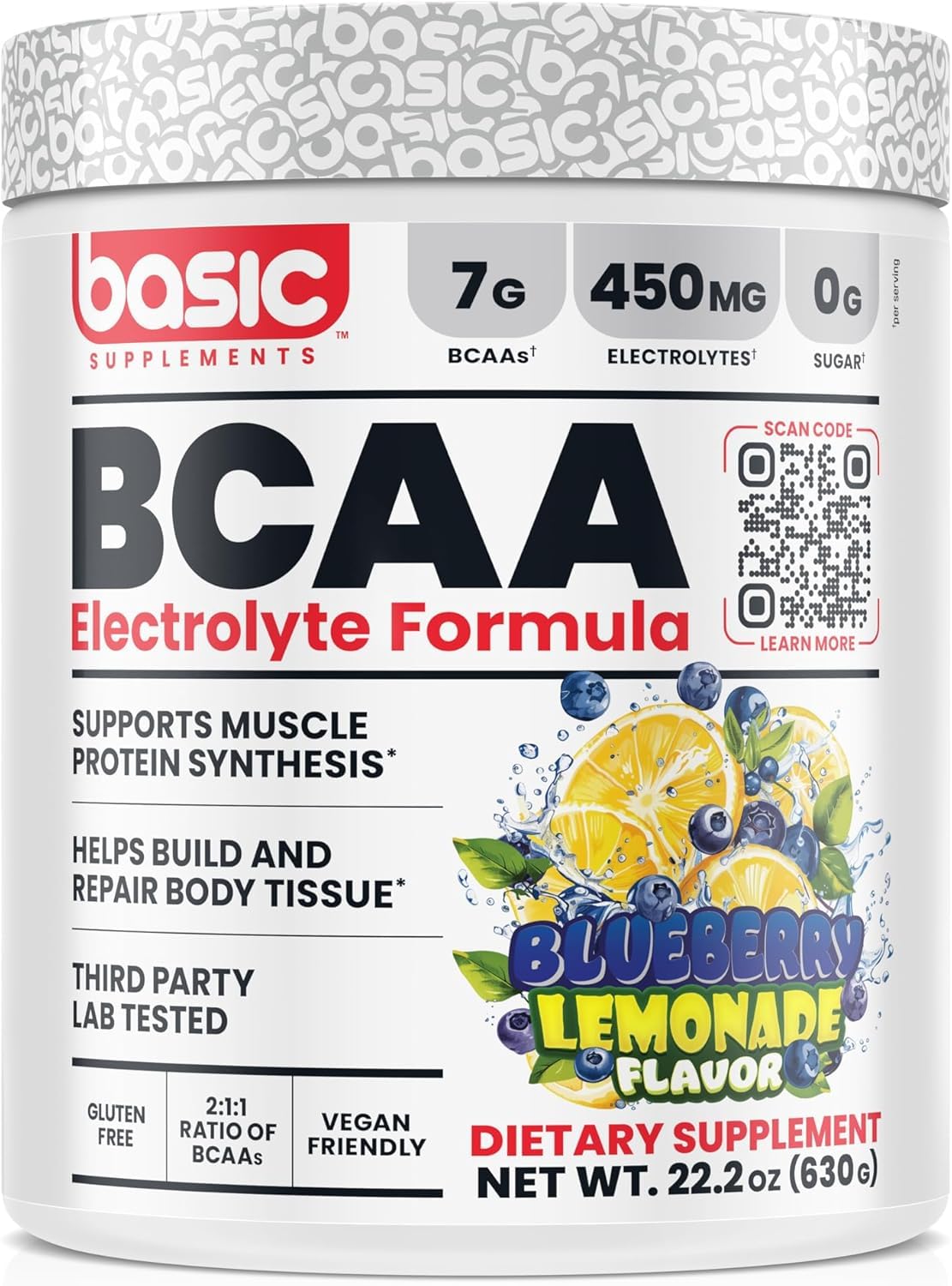 BASIC SUPPLEMENTS BCAA Powder bottle showing 7g BCAAs and electrolytes for active recovery