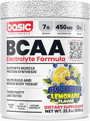 BASIC SUPPLEMENTS BCAA Powder bottle showing 7g BCAAs and electrolytes for active recovery