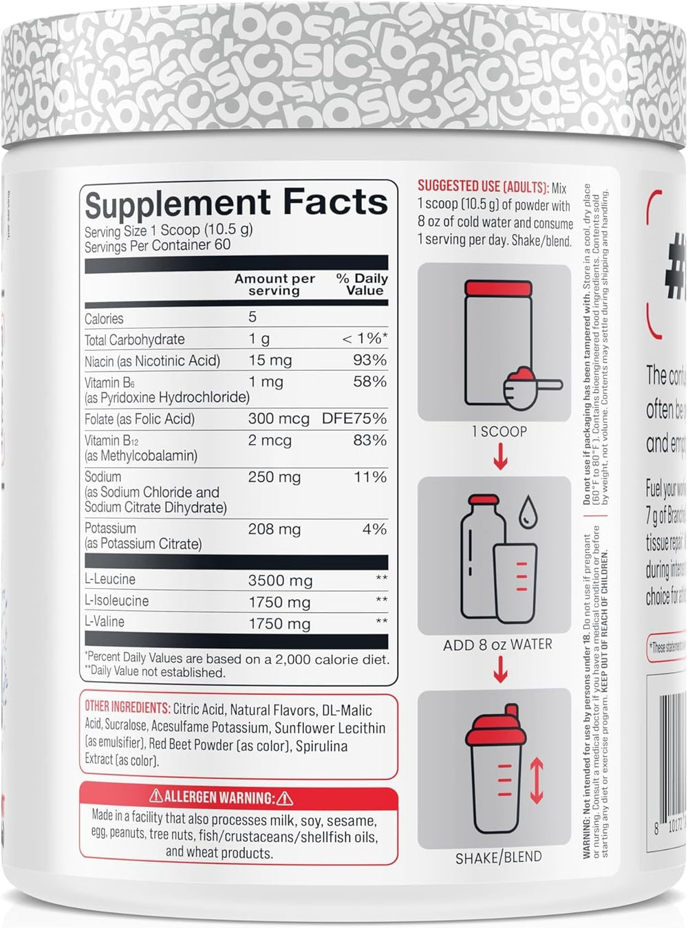 BASIC SUPPLEMENTS BCAA Powder scoop emphasizes instantized formula for smooth mixing