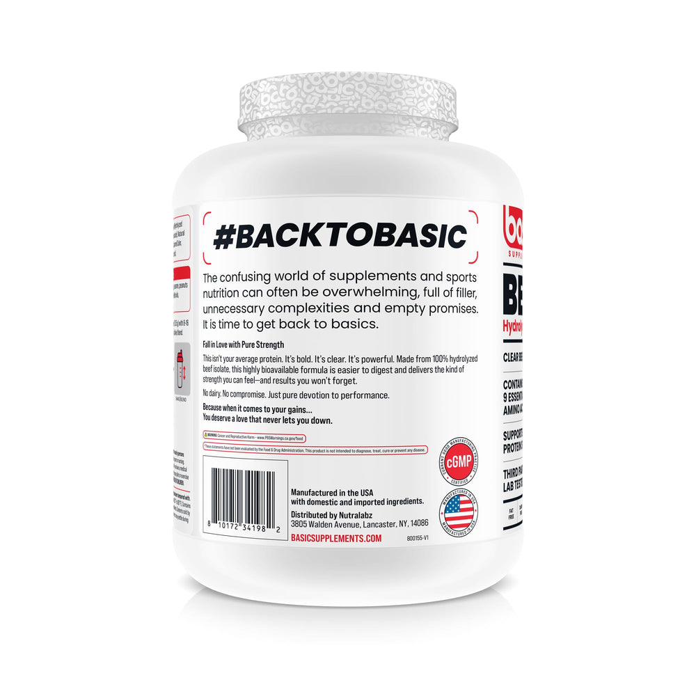 Basic Supplements beef protein scoop demonstrates convenient serving for precise daily intake