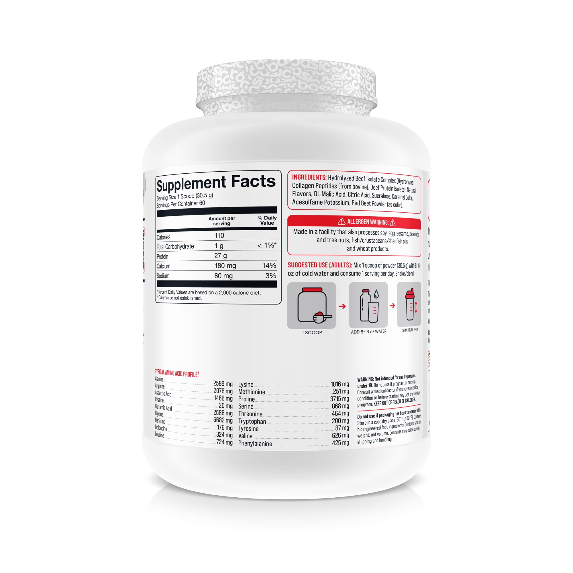 Basic Supplements clear beef protein powder in a bowl for lean, easy digestion