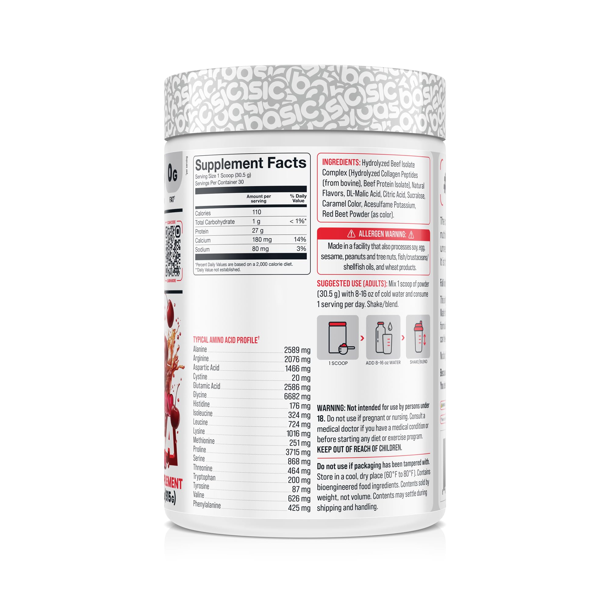 Basic Supplements beef isolate ingredients label highlighting nine essential amino acids.
