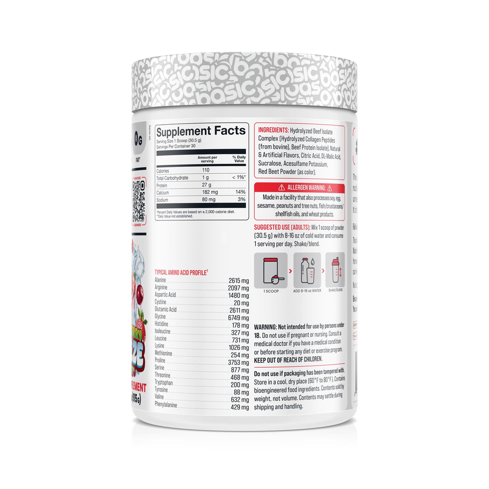 Basic Supplements Hydrolyzed Beef Isolate science label shows 27 g protein per serving