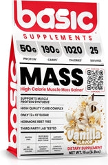 Basic Supplements Mass Gainer bottle front, protein-packed option for workouts