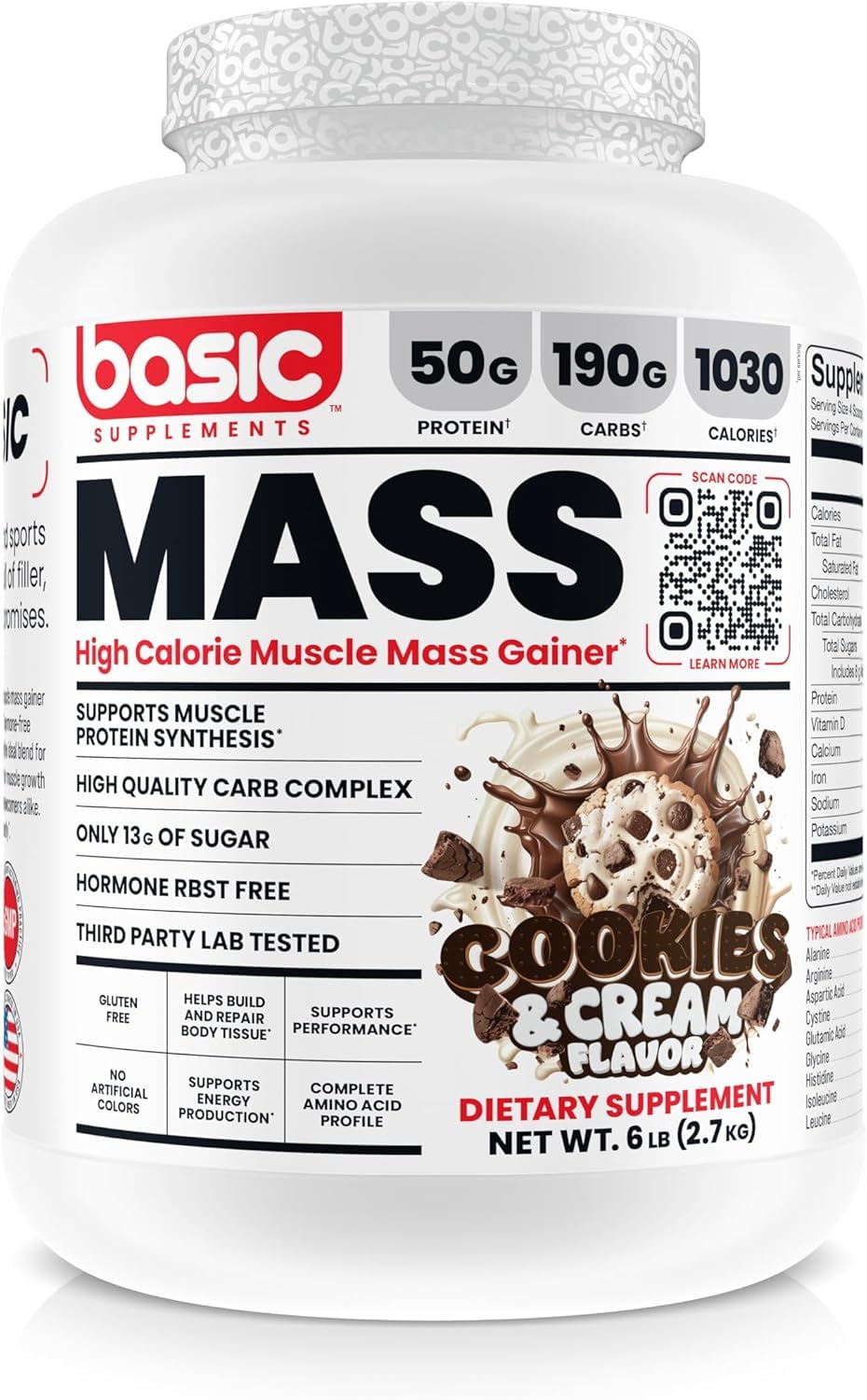 BASIC SUPPLEMENTS Mass Gainer bottle label highlights 50g protein and 1030 calories per serving