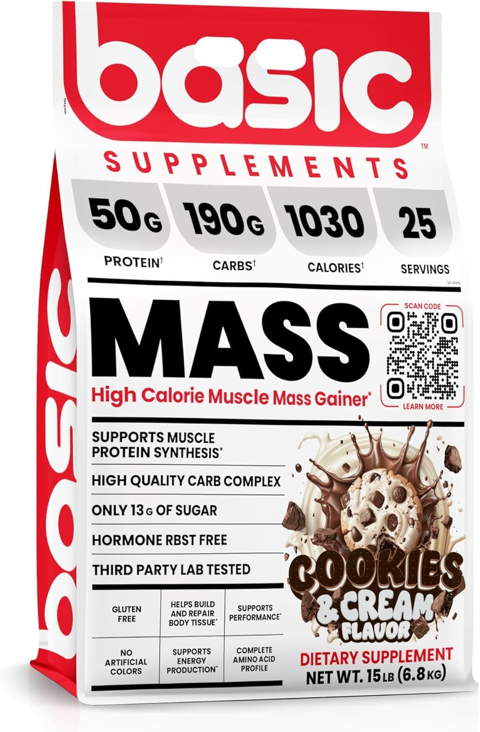 BASIC SUPPLEMENTS Mass Gainer bottle being poured for a protein-packed post-workout shake.