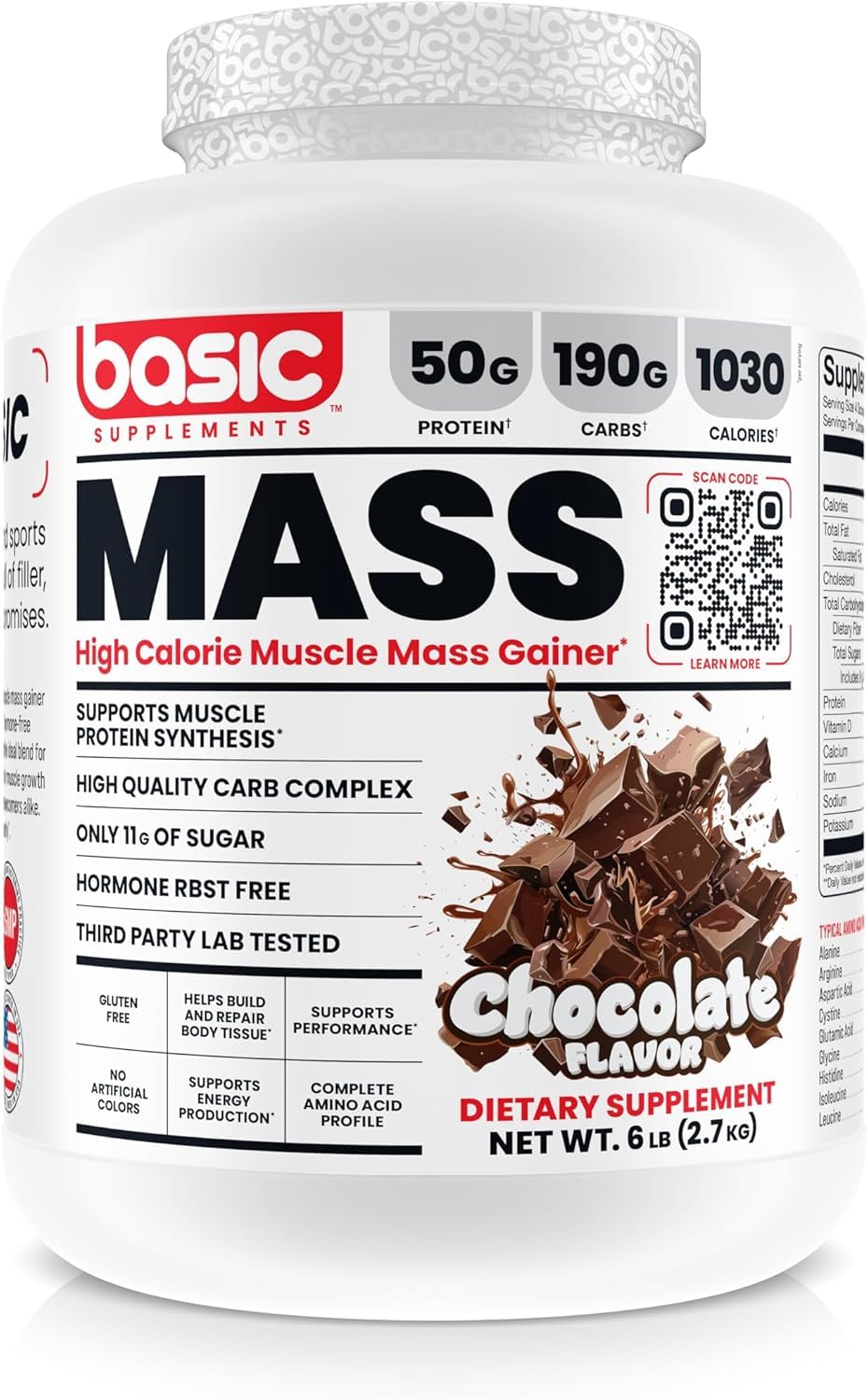 Basic Supplements Mass Gainer bottle pour showing a calorie-dense shake for bulk-friendly use