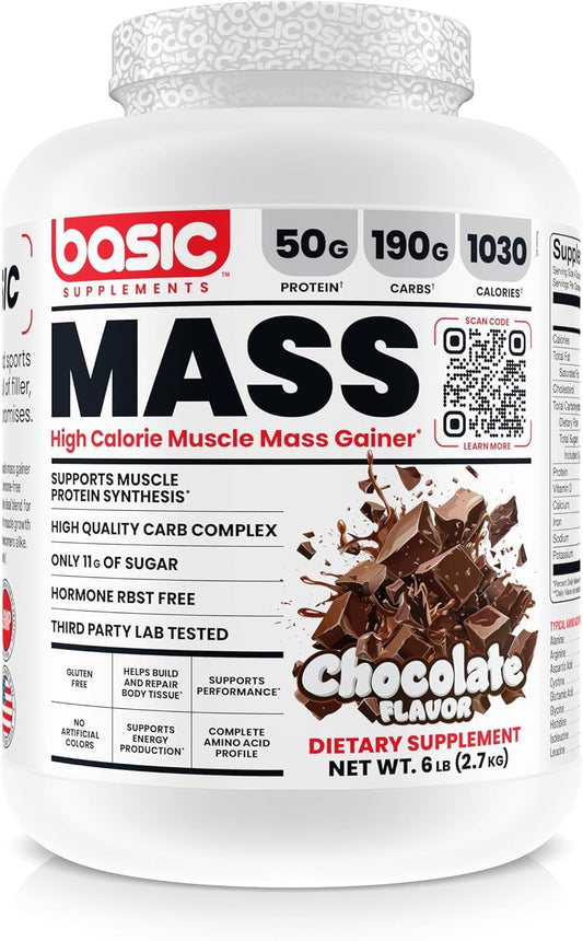 Basic Supplements Mass Gainer bottle pour showing a calorie-dense shake for bulk-friendly use