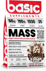 BASIC SUPPLEMENTS Mass Gainer bottle being poured for a protein-packed post-workout shake.