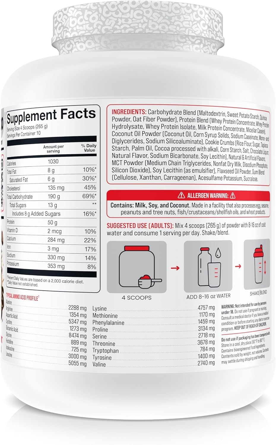 BASIC SUPPLEMENTS Mass Gainer powder close-up shows smooth texture and gluten-free formula