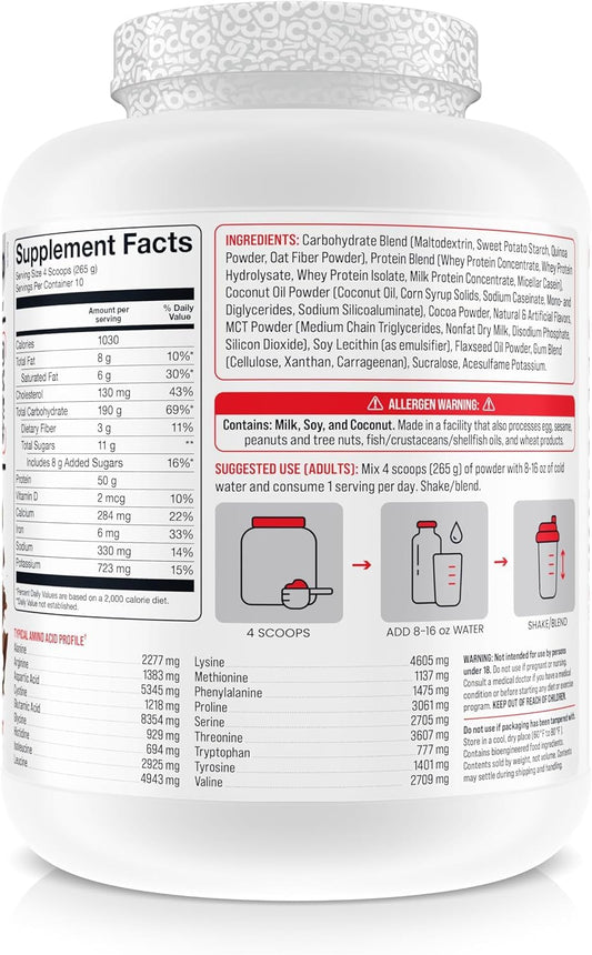 Basic Supplements Mass Gainer ingredients label close-up highlighting protein and carbs
