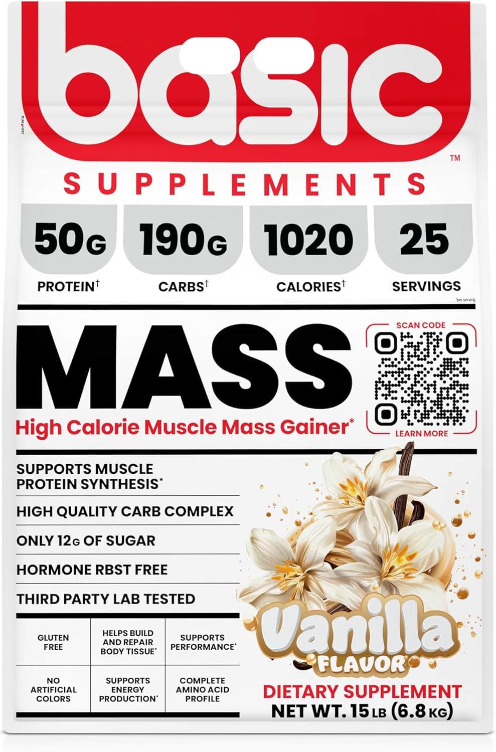 Basic Supplements Mass Gainer ingredients panel highlights complete amino acid profile