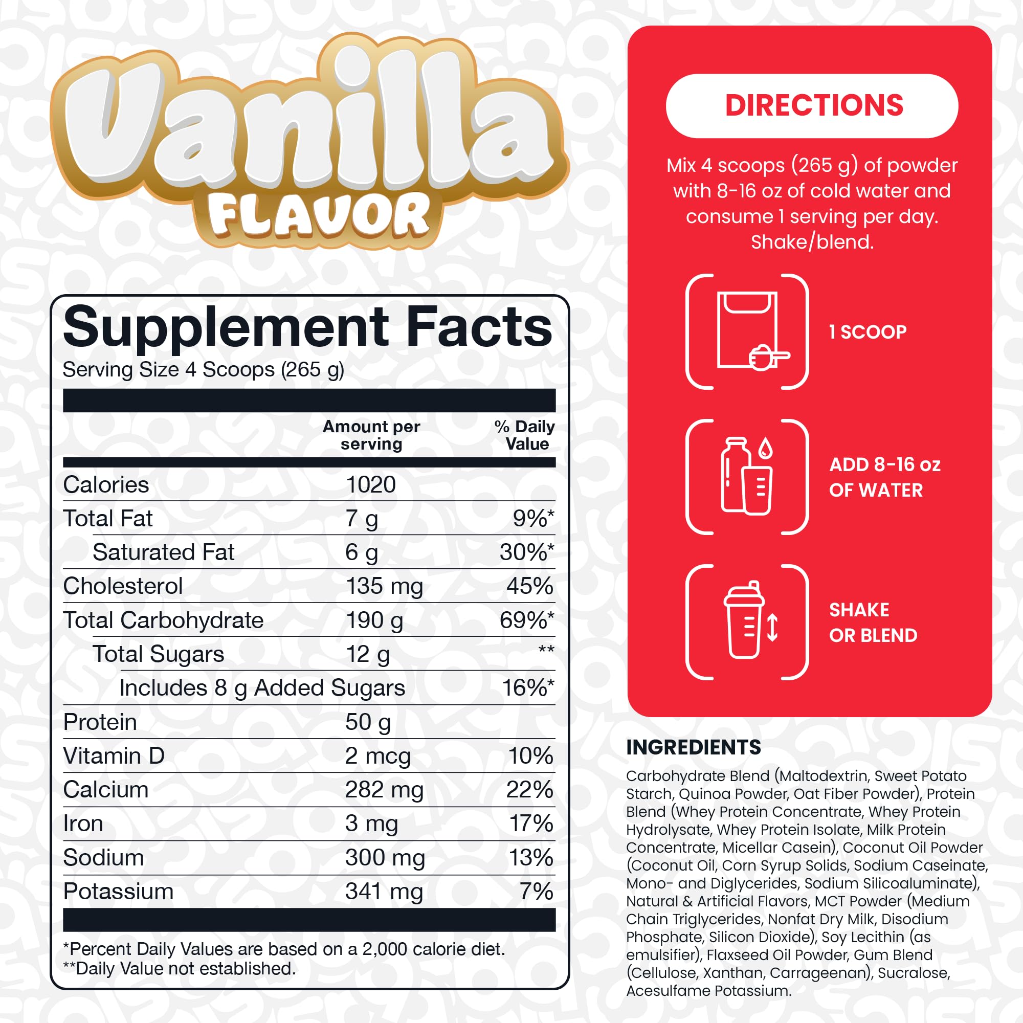 BASIC SUPPLEMENTS Mass Gainer nutrition panel highlights 190 g carbs per serving.