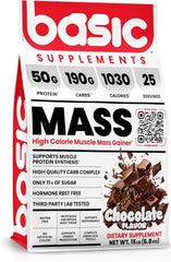 Basic Supplements Mass Gainer bottle emphasizing protein-rich formula for muscle growth support.
