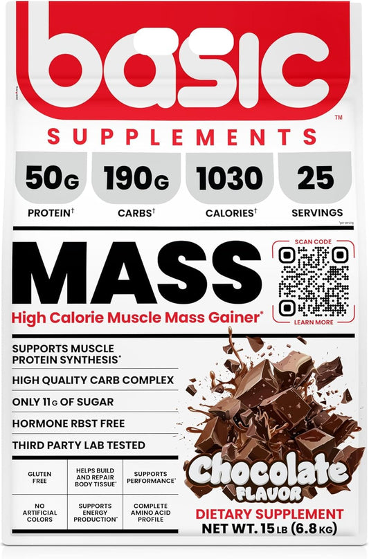 Basic Supplements Mass Gainer powder scoop demonstrates quick mix for post-workout recovery.