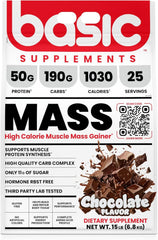 Basic Supplements Mass Gainer powder scoop demonstrates quick mix for post-workout recovery.